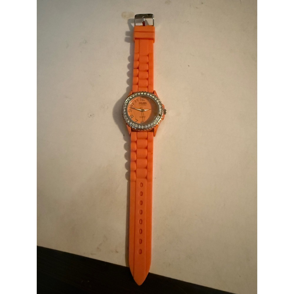 Golden Hour Orange Silicone Strap Rhinestone Bezel Quartz Analog Wrist Watch